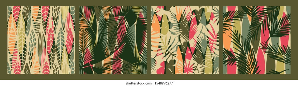 Abstract seamless patterns with tropical leaves. Hand draw texture. Vector template.