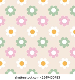 Abstract seamless patterns with vintage groovy daisy flowers. Retro floral vector background surface design, textile, stationery, wrapping paper, covers. 60s, 70s, 80s style