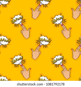 Abstract seamless pin up pattern for girls, boys, clothes. Creative vector pin up background with fingers gun, cloud. Funny pattern wallpaper for textile and fabric. Fashion pop art style.