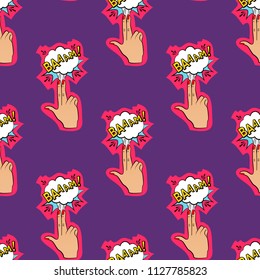Abstract seamless pin up pattern for girls, boys, clothes. Creative vector pin up pattern with fingers gun, cloud. Funny pattern pop art wallpaper for textile and fabric. Fashion pop art style.