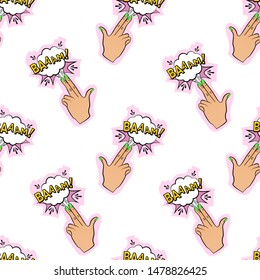 Abstract seamless pin up pattern for girls, boys, clothes. Creative vector pin up pattern with fingers gun, cloud. Funny pattern pop art wallpaper for textile and fabric. Fashion pop art style.