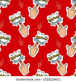 Abstract seamless pin up pattern for girls, boys, clothes. Creative vector pin up pattern with fingers gun, cloud. Funny pattern pop art wallpaper for textile and fabric. Fashion pop art style.