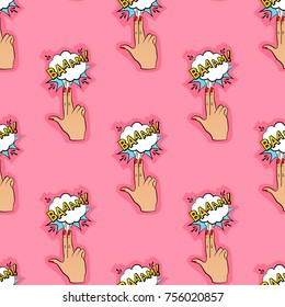 Abstract seamless pin up pattern for girls, boys, clothes. Creative vector pin up background with fingers gun, cloud. Funny pattern wallpaper for textile and fabric. Fashion pop art style.