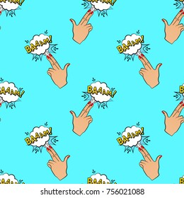 Abstract seamless pin up pattern for girls, boys, clothes. Creative vector pin up background with fingers gun, cloud. Funny pattern wallpaper for textile and fabric. Fashion pop art style.