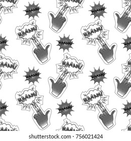 Abstract seamless pin up pattern for girls, boys, clothes. Creative vector pin up background with fingers gun, cloud. Funny pattern wallpaper for textile and fabric. Fashion pop art style.