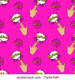Abstractas patrón de pin up sin costuras para niñas, niños, ropa. Fondo de pin de Vector creativo con pistola de dedos, nube. Fondo de pantalla de patrón divertido para la materia textil y la tela. Estilo de arte pop de moda.