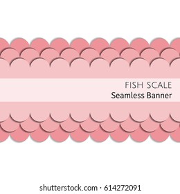 An abstract seamless pink paper cut out layered fish scale pattern vector banner decoration with shadows on a white background