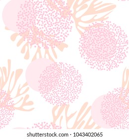 Abstract seamless pink pattern with circles, dots and hand drawn elements on white background.Trendy hand drawn texture for paper, wallpaper, cover, fabric, Interior decor 