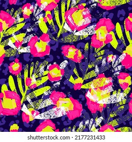 Abstract seamless pink and purple leopard skin pattern. Animal and floral repeat print for sport textile, fashion clothes, wrapping paper. Colorful wild life repeated ornament.