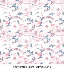 Abstract seamless pink rose pattern with colorful watercolor shapes and hand drawn flowers made in vector