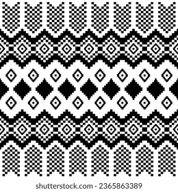 Abstract seamless pixel pattern in black and white color. Ethnic style. Tribal traditional design for textile.