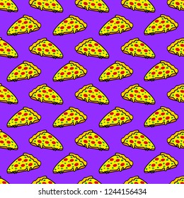 Abstract seamless pizza pattern for girls or boys. Creative vector background with italian pizza, tomatoes, . Funny wallpaper for textile and fabric. Fashion pizza style. Colorful bright picture