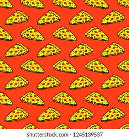 Abstract Seamless Pizza Pattern For Girls Or Boys. Creative Vector Background With Italian Pizza, Tomatoes, . Funny Wallpaper For Textile And Fabric. Fashion Pizza Style. Colorful Bright Picture