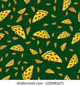 Abstract seamless pizza pattern for girls or boys. Creative vector background with italian pizza, tomatoes, . Funny wallpaper for textile and fabric. Fashion pizza style. Colorful bright picture