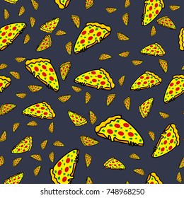 Abstraktes, nahtloses Pizzapult für Mädchen oder Jungen. Kreativer Vektorhintergrund mit italienischer Pizza, Tomaten, . Schöne Tapete für Textilien und Stoff. Mode-Pizza-Stil. Farbiges helles Bild