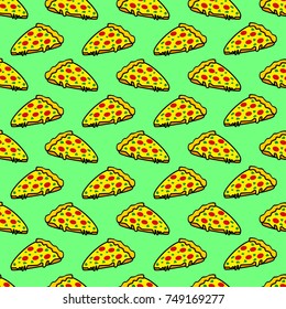 Abstract seamless pizza pattern for girls or boys. Creative vector background with italian pizza, tomatoes, . Funny wallpaper for textile and fabric. Fashion pizza style. Colorful bright picture