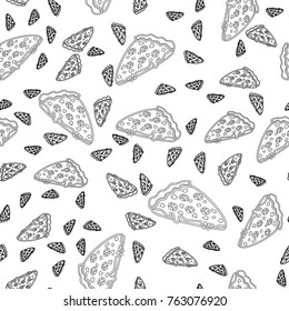 Abstract seamless pizza pattern for girls or boys. Creative vector background with italian pizza. Funny wallpaper for textile and fabric. Fashion pizza style. Monochrome, black and white picture