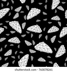 Abstract seamless pizza pattern for girls or boys. Creative vector background with italian pizza. Funny wallpaper for textile and fabric. Fashion pizza style. Monochrome, black and white picture