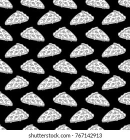 Abstract seamless pizza pattern for girls or boys. Creative vector background with italian pizza. Funny wallpaper for textile and fabric. Fashion pizza style. Monochrome, black and white picture