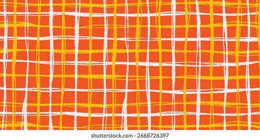 Abstractas fondo de cuadros sin costuras con rayas dibujadas a mano en naranja, amarillo y blanco. Fondo a cuadros con textura rugosa para tela, textiles y papel de regalo.