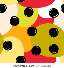 Abstract seamless polka dot pattern. Hand drawn tangled scrawl circles. Black line spherical scribble shape on color spots background. Vector chaotic doodle drawing thread clew knot. Texture image