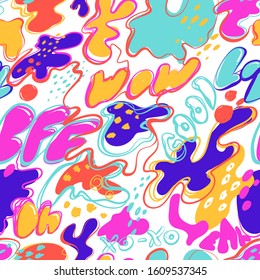 Abstract seamless pop art pattern. Colorful repeated ornament with words wow, bff, yeah.