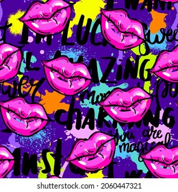 Abstract seamless pop style pattern. Beauty repeated backdrop. Girlish wallpaper. Spots and kiss lips. Colorful cartoon style