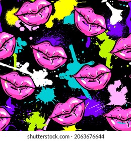 Abstract seamless pop style pattern. Beauty repeated backdrop. Girlish wallpaper. Spots and kiss lips. Colourful cartoon style