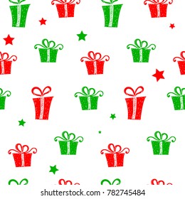 Abstract seamless present box pattern. Cute holidays wrapping paper. red and green gifts and stars on white background. colorful celebrate repeated backdrop. 