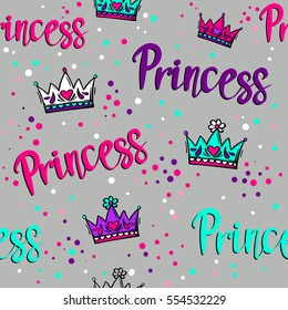 Abstract seamless princess pattern. Cartoon colorful crowns with hearts and flowers, dots. Repeated backdrop for girls, fashion, childish clothes. Comic badges, girlish wallpaper. 