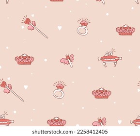 Abstract seamless princess pattern with crown, high heel Christal shoes, magic wand, ring, butterflies. dots repeat beige peach background. Cute girls endless ornament. Fairy sketch stickers set