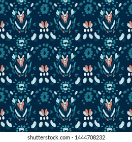 Abstract seamless print. Folklore ornament with various art geometric elements. Embroidery in blue, Burgundy colors on a dark background. Tribal ethnic vector texture. Vintage creative design. 