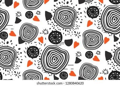 Abstract seamless print with painted various geometric shapes, dots, strokes, hearts on a white background. Wallpaper in black and white (monochrome) and red colors. Unusual creative design. Vector.