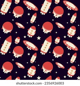 Abstract seamless print with spaceships and stars in space. Drawing on fabric for boys.