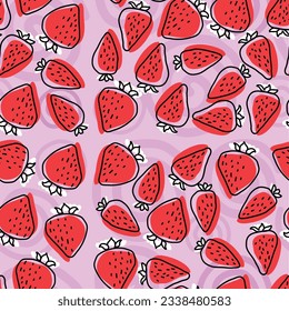 Abstract seamless print with strawberries. Grunge cute texture background. Wallpaper for girls. Cute wallpaper for textile and fabric. 