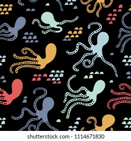 Abstract Seamless psttern - Colored octopus on a black background. Scandinavian style. Vector texture in childish style great for fabric and textile, wallpapers, backgrounds.