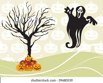 abstract seamless pumpkin background with retro tree, pumpkins and witch