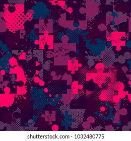 Abstract seamless puzzle pattern for girls, boys. Creative vector pattern with puzzle, square, splash, dots. Funny puzzle wallpaper for textile and fabric. Fashion sport style. Colorful bright.