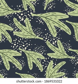 Abstract seamless random pattern with light green leaf shapes. Navy blue background with splashes. Great for fabric design, textile print, wrapping, cover. Vector illustration.
