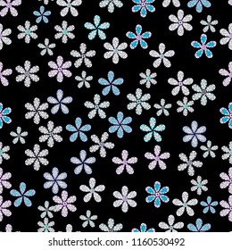 Abstract seamless raster pattern with hand drawn floral elements. Black, yellow and pink on black, yellow, pink. 1950s-1960s motifs. Retro textile design collection. Silk scarf with blooming flowers.
