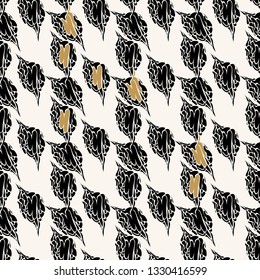 Abstract seamless raster pattern with the image of stylized vintage leaves. Graphic, monochrome. Black and white with gold.