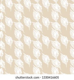 Abstract seamless raster pattern with the image of stylized vintage leaves. Graphic, monochrome. White on a beige background.