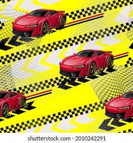 Abstract seamless red sport car pattern in yellow background with arrows, chequered flags. Automobile Repeat print. Technical repeated ornament.