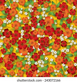 abstract seamless red spring floral ornament on yellow background