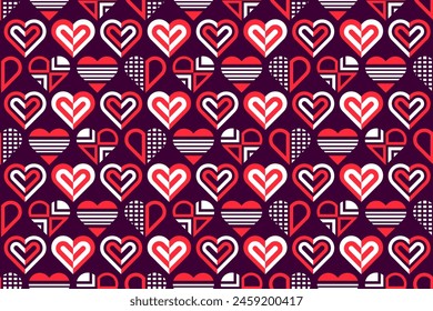 Abstract seamless red and white colored decorative, stylized geometric hearts. Endless repeating heart shapes, abstract pattern design