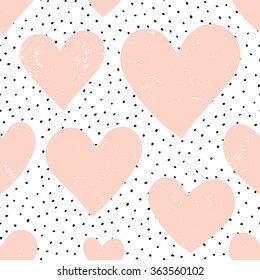 Abstract seamless repeat pattern with hearts and dots in pastel pink,black and white. Modern and stylish romantic design poster, wrapping paper, Valentine card design.