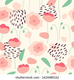 Abstract seamless repeat pattern with pastel color pink flowers. Trendy hand drawn doodles. Summer and spring fashion trendy background for fabric.
