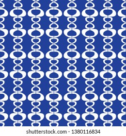 Abstract seamless repeat of white shapes on a blue background. Modern geometric striped vector design background ideal for fabric, wallpaper and stationery designs.