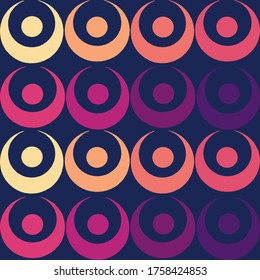 An abstract seamless repeating pattern of circles inside half circles on violet background
