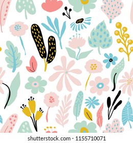 Resumen Patrón de repetición sin problemas con elementos florales en colores pastel sobre fondo blanco.Plantilla vectorial para tarjetas, banners, tela de impresión, pantalones t. Colores Pastel.